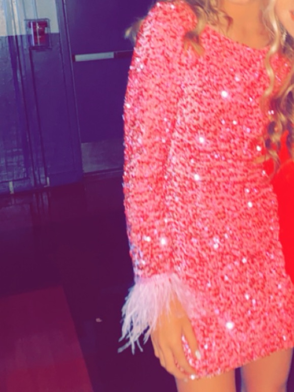 Ultra Dress Collection Pink Sequin Long Sleeve Mini Dress with Feather Cuffs